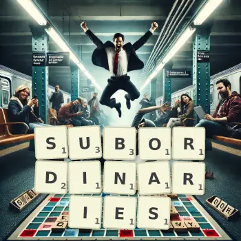 Creative illustration for a Scrabble game with the word SUBORDINARIES spelled out in tiles on the board.