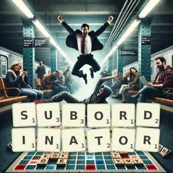 Creative illustration for a Scrabble game with the word SUBORDINATOR spelled out in tiles on the board.
