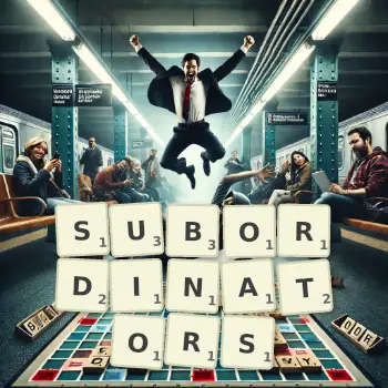 Creative illustration for a Scrabble game with the word SUBORDINATORS spelled out in tiles on the board.