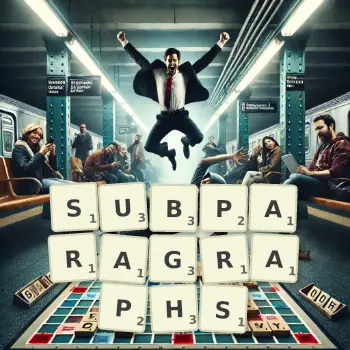Creative illustration for a Scrabble game with the word SUBPARAGRAPHS spelled out in tiles on the board.