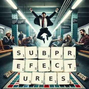 Creative illustration for a Scrabble game with the word SUBPREFECTURES spelled out in tiles on the board.