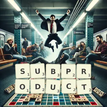 Creative illustration for a Scrabble game with the word SUBPRODUCT spelled out in tiles on the board.