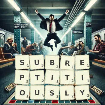 Creative illustration for a Scrabble game with the word SUBREPTITIOUSLY spelled out in tiles on the board.