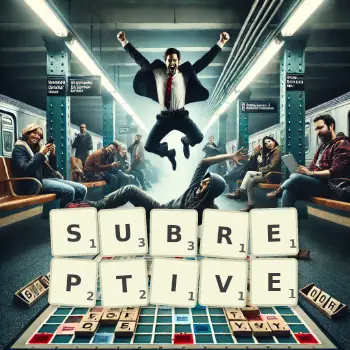Creative illustration for a Scrabble game with the word SUBREPTIVE spelled out in tiles on the board.
