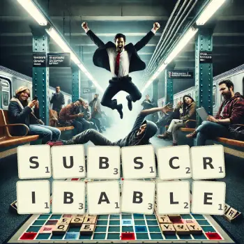Creative illustration for a Scrabble game with the word SUBSCRIBABLE spelled out in tiles on the board.