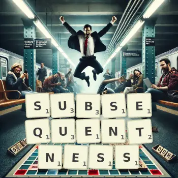 Creative illustration for a Scrabble game with the word SUBSEQUENTNESS spelled out in tiles on the board.