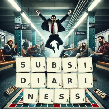 Creative illustration for a Scrabble game with the word SUBSIDIARINESS spelled out in tiles on the board.