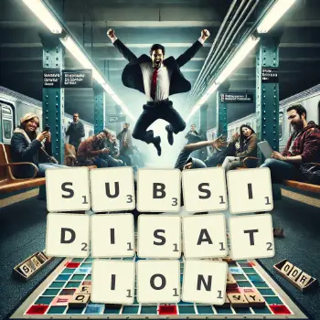 Creative illustration for a Scrabble game with the word SUBSIDISATION spelled out in tiles on the board.