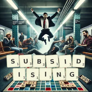Creative illustration for a Scrabble game with the word SUBSIDISING spelled out in tiles on the board.