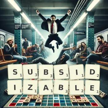 Creative illustration for a Scrabble game with the word SUBSIDIZABLE spelled out in tiles on the board.