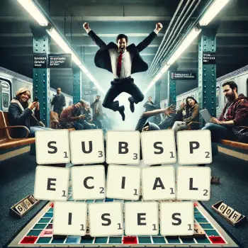 Creative illustration for a Scrabble game with the word SUBSPECIALISES spelled out in tiles on the board.