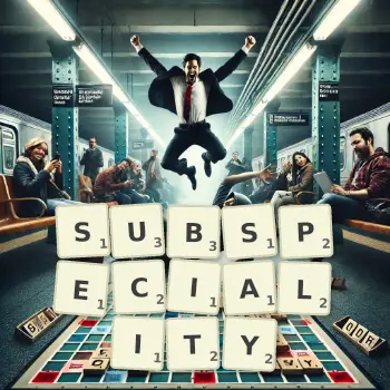 Creative illustration for a Scrabble game with the word SUBSPECIALITY spelled out in tiles on the board.