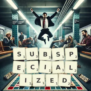 Creative illustration for a Scrabble game with the word SUBSPECIALIZED spelled out in tiles on the board.