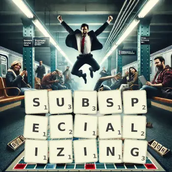 Creative illustration for a Scrabble game with the word SUBSPECIALIZING spelled out in tiles on the board.