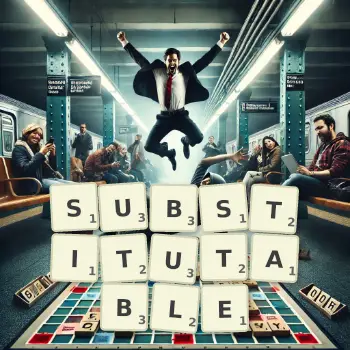 Creative illustration for a Scrabble game with the word SUBSTITUTABLE spelled out in tiles on the board.