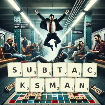 Creative illustration for a Scrabble game with the word SUBTACKSMAN spelled out in tiles on the board.
