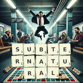 Creative illustration for a Scrabble game with the word SUBTERNATURAL spelled out in tiles on the board.