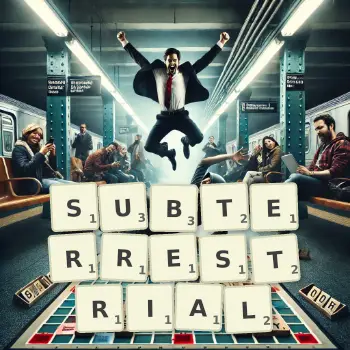 Creative illustration for a Scrabble game with the word SUBTERRESTRIAL spelled out in tiles on the board.