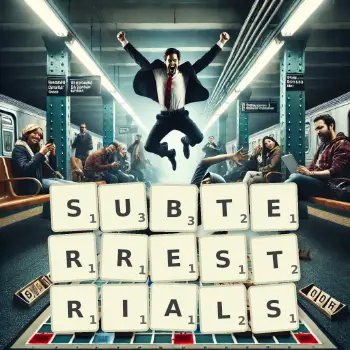 Creative illustration for a Scrabble game with the word SUBTERRESTRIALS spelled out in tiles on the board.