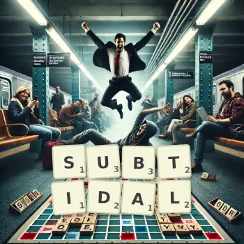 Creative illustration for a Scrabble game with the word SUBTIDAL spelled out in tiles on the board.