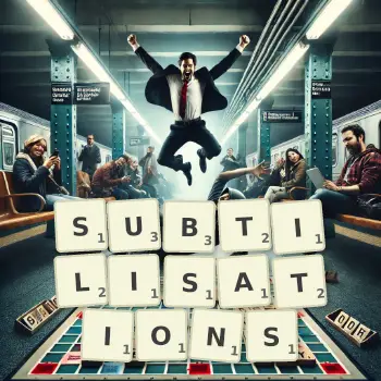 Creative illustration for a Scrabble game with the word SUBTILISATIONS spelled out in tiles on the board.