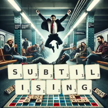 Creative illustration for a Scrabble game with the word SUBTILISING spelled out in tiles on the board.