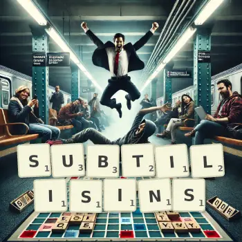 Creative illustration for a Scrabble game with the word SUBTILISINS spelled out in tiles on the board.