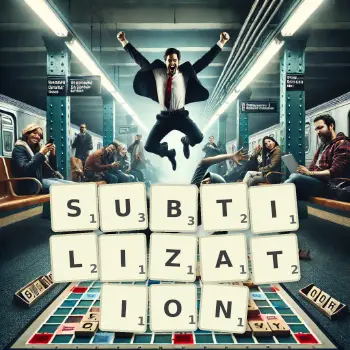 Creative illustration for a Scrabble game with the word SUBTILIZATION spelled out in tiles on the board.