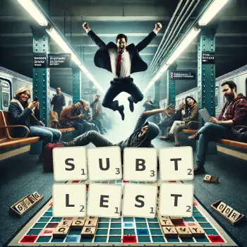 Creative illustration for a Scrabble game with the word SUBTLEST spelled out in tiles on the board.
