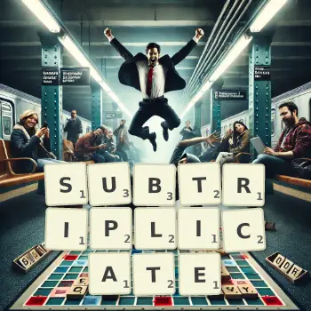 Creative illustration for a Scrabble game with the word SUBTRIPLICATE spelled out in tiles on the board.