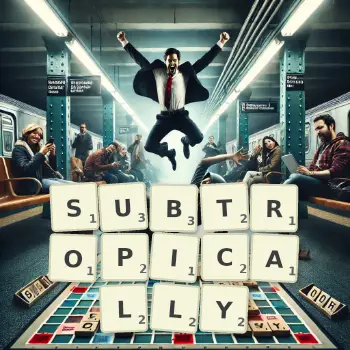Creative illustration for a Scrabble game with the word SUBTROPICALLY spelled out in tiles on the board.