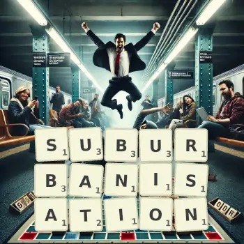 Creative illustration for a Scrabble game with the word SUBURBANISATION spelled out in tiles on the board.