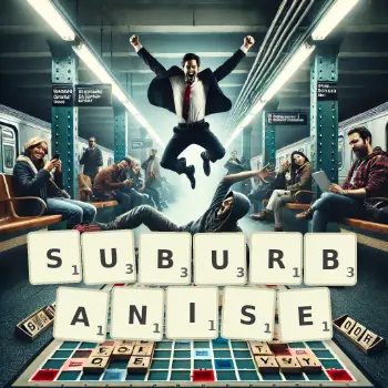 Creative illustration for a Scrabble game with the word SUBURBANISE spelled out in tiles on the board.