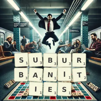 Creative illustration for a Scrabble game with the word SUBURBANITIES spelled out in tiles on the board.