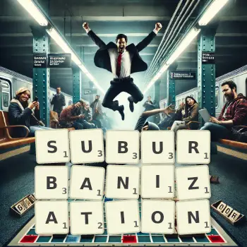 Creative illustration for a Scrabble game with the word SUBURBANIZATION spelled out in tiles on the board.