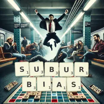 Creative illustration for a Scrabble game with the word SUBURBIAS spelled out in tiles on the board.