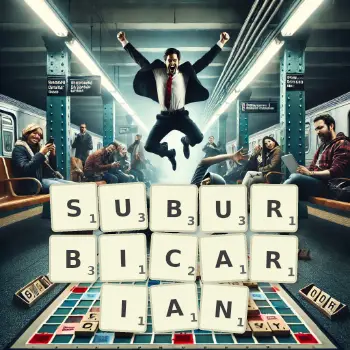 Creative illustration for a Scrabble game with the word SUBURBICARIAN spelled out in tiles on the board.