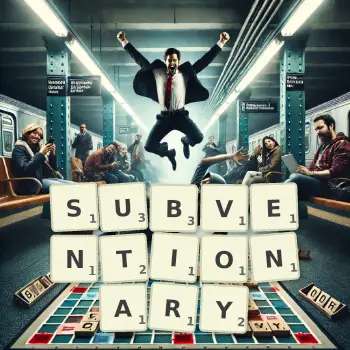 Creative illustration for a Scrabble game with the word SUBVENTIONARY spelled out in tiles on the board.