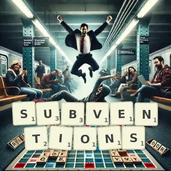 Creative illustration for a Scrabble game with the word SUBVENTIONS spelled out in tiles on the board.