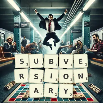 Creative illustration for a Scrabble game with the word SUBVERSIONARY spelled out in tiles on the board.