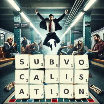 Creative illustration for a Scrabble game with the word SUBVOCALISATION spelled out in tiles on the board.