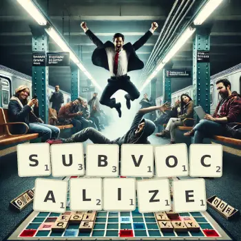 Creative illustration for a Scrabble game with the word SUBVOCALIZE spelled out in tiles on the board.