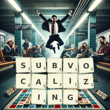 Creative illustration for a Scrabble game with the word SUBVOCALIZING spelled out in tiles on the board.