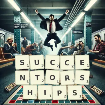 Creative illustration for a Scrabble game with the word SUCCENTORSHIPS spelled out in tiles on the board.