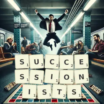Creative illustration for a Scrabble game with the word SUCCESSIONISTS spelled out in tiles on the board.