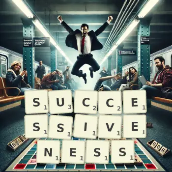 Creative illustration for a Scrabble game with the word SUCCESSIVENESS spelled out in tiles on the board.