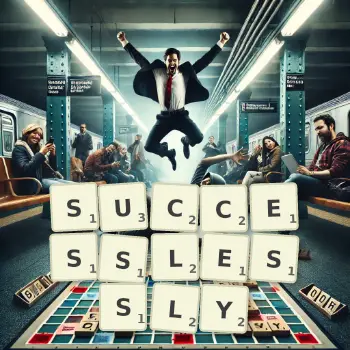 Creative illustration for a Scrabble game with the word SUCCESSLESSLY spelled out in tiles on the board.