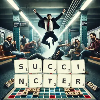 Creative illustration for a Scrabble game with the word SUCCINCTER spelled out in tiles on the board.