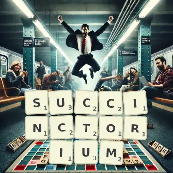 Creative illustration for a Scrabble game with the word SUCCINCTORIUM spelled out in tiles on the board.
