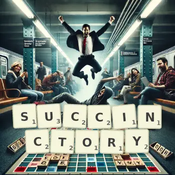 Creative illustration for a Scrabble game with the word SUCCINCTORY spelled out in tiles on the board.